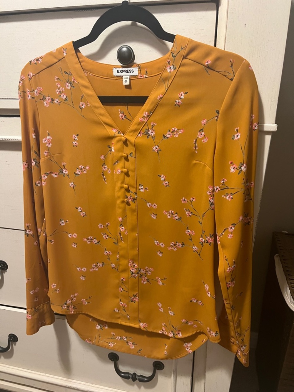 Express Mustard Floral V-Neck Button-Front Blouse